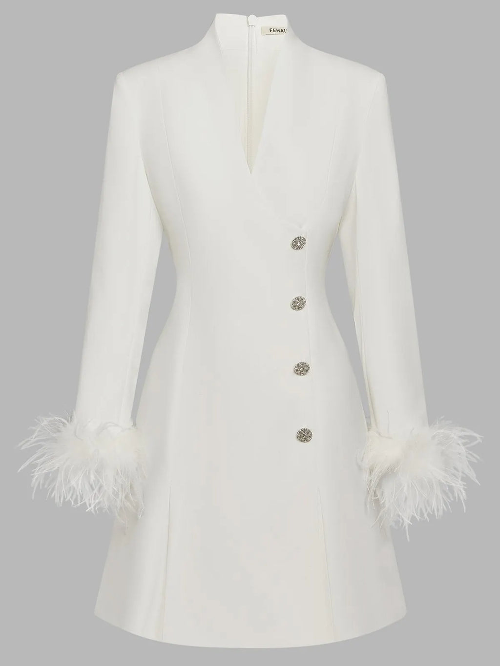 White Feather-trimmed Buckle Classic V Neck Stand Collar Long Sleeve A-Line Mini Dress