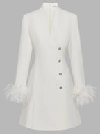 White Feather-trimmed Buckle Classic V Neck Stand Collar Long Sleeve A-Line Mini Dress
