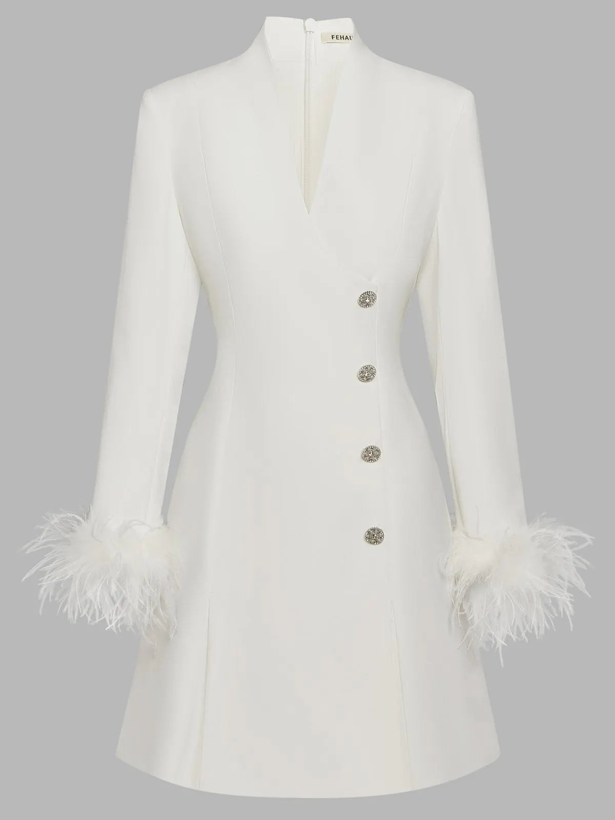 White Feather-trimmed Buckle Classic V Neck Stand Collar Long Sleeve A-Line Mini Dress