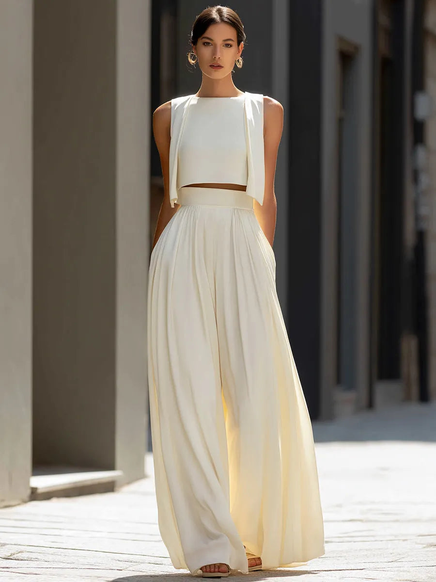 Cropped Overlay Top & Flowing Wide-Leg Pants Set