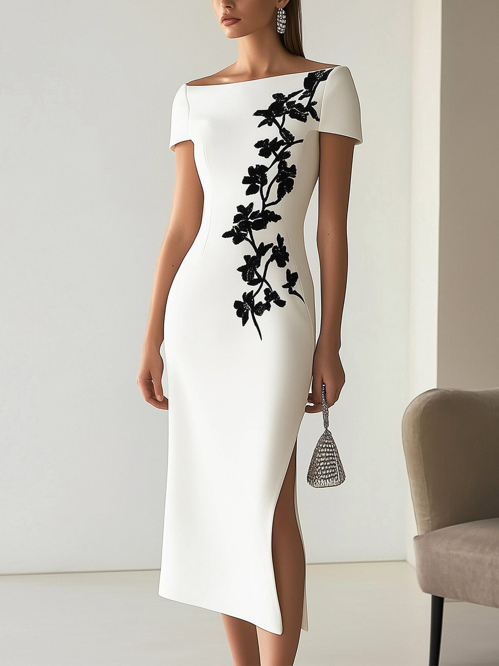 Chic Boatneck Dress with Asymmetrical Floral Print
