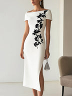 Chic Boatneck Dress with Asymmetrical Floral Print