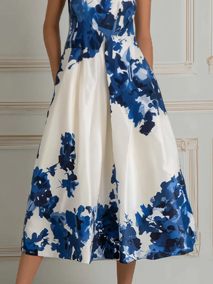 Elegant Floral Halter A-Line  Midi Dress