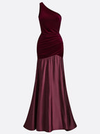 Burgundy Satin Ruched Split Joint Velvet One Shoulder Sleeveless A-Line Gown Dress