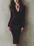 Exquisite And Elegant Purple Velvet Slim-fit Long-sleeved Midi Dress