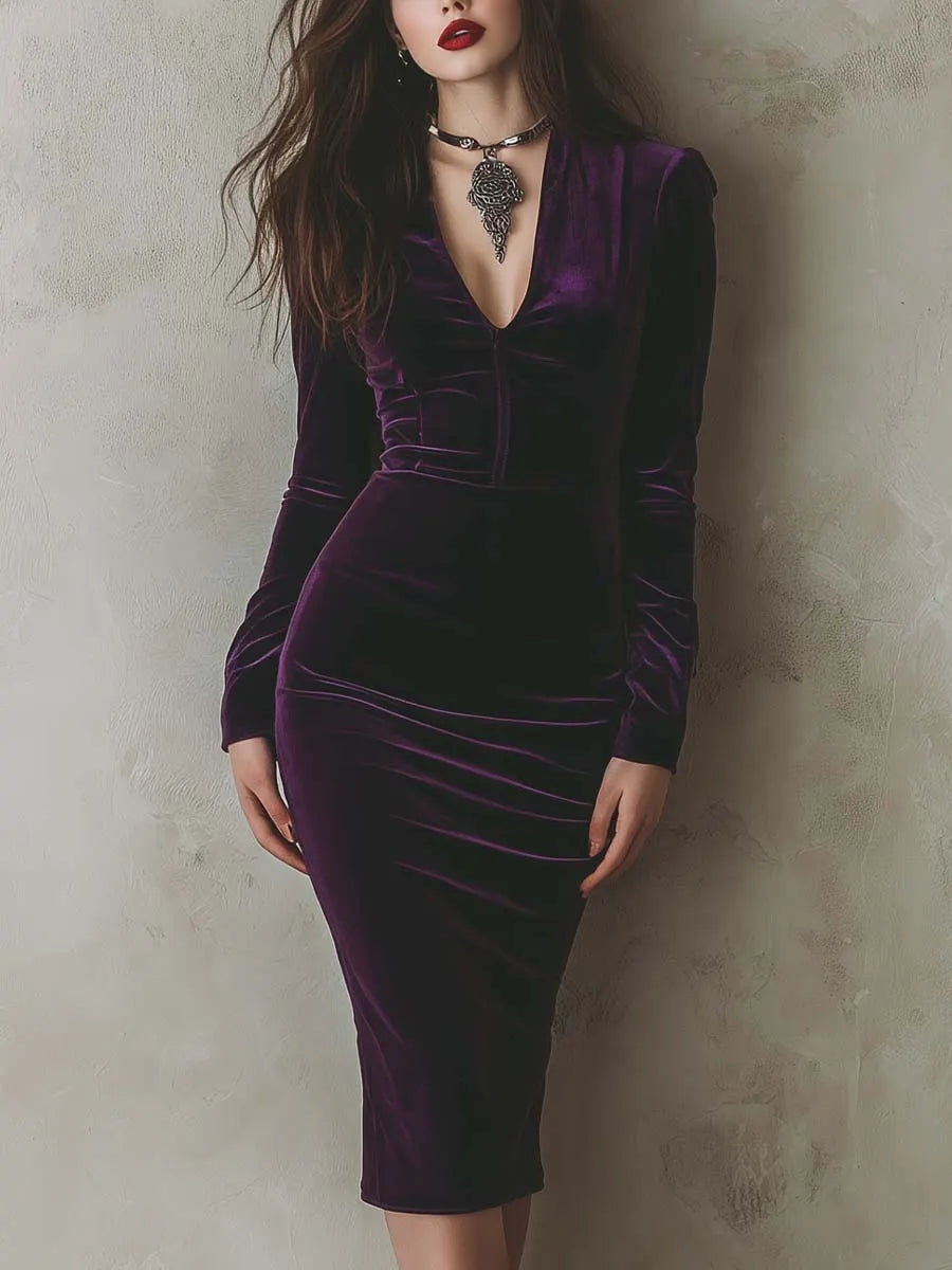 Exquisite And Elegant Purple Velvet Slim-fit Long-sleeved Midi Dress