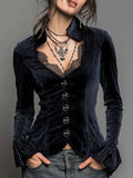 Lace V-neck Flared Cuffs Vintage Velvet Shirt
