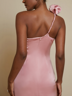 Pink Satin One-Shoulder 3D Floral Maxi Slip Dress