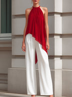 Halter Neck Asymmetric Draped Top And Wide-Leg Pants Set