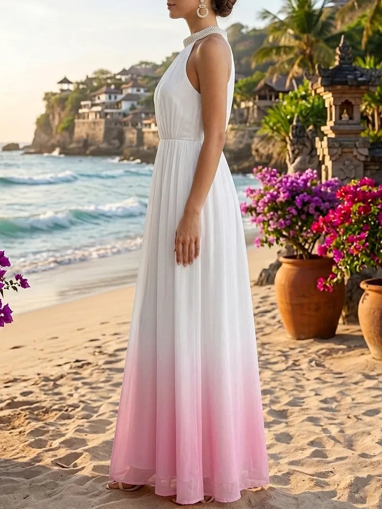 Pink Ombre Halter Maxi Dress Pleated Wedding Guest Gown for Beach & Summer Parties