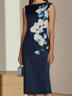 Navy Blue Single-Sided Satin Print Dress