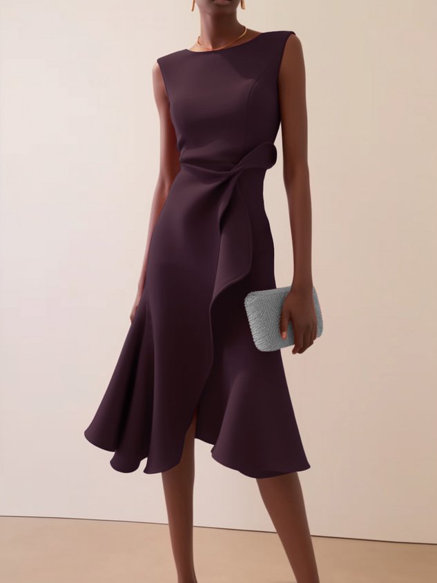 Red Asymmetric Ruffled Classic Boat Neck Sleeveless Midi Elegant A-line Dress with Waist Twist for Day-to-Night