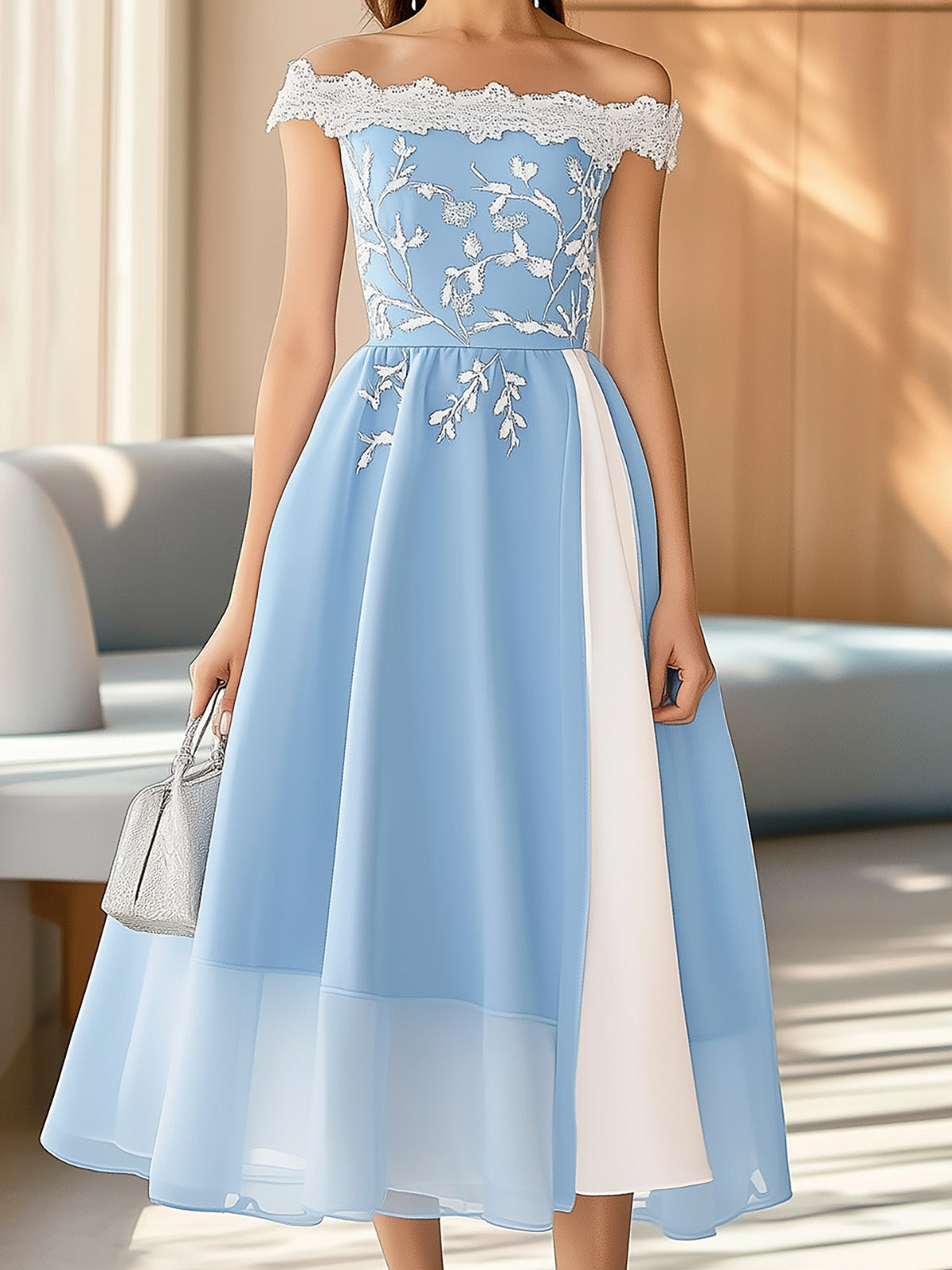Elegant Blue Off-the-Shoulder Chiffon Dress with Embroidery
