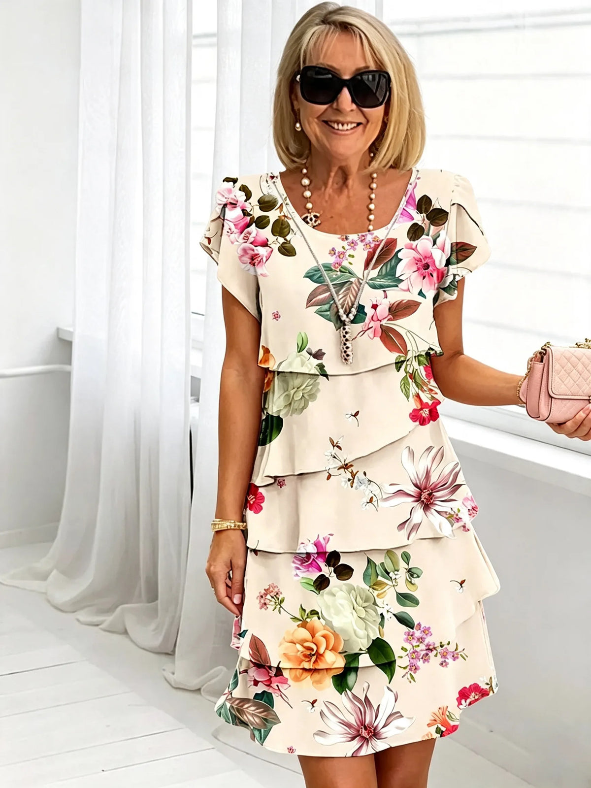 Women's Floral Print Tiered Chiffon Dress, Short Flutter Sleeve Loose Multi-Layer Tummy Covering Shift Dress, Casual Summer Flowy Dress for Daily Vacation Beach