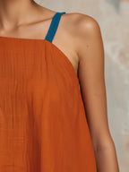 Burnt Orange Asymmetric Linen Two-Piece Set With Blue Trim