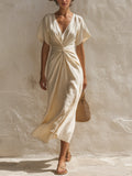 Cream Linen-Blend Twist-Front V-Neck Flutter Sleeve Midi Dress