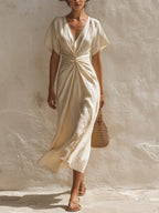 Cream Linen-Blend Twist-Front V-Neck Flutter Sleeve Midi Dress