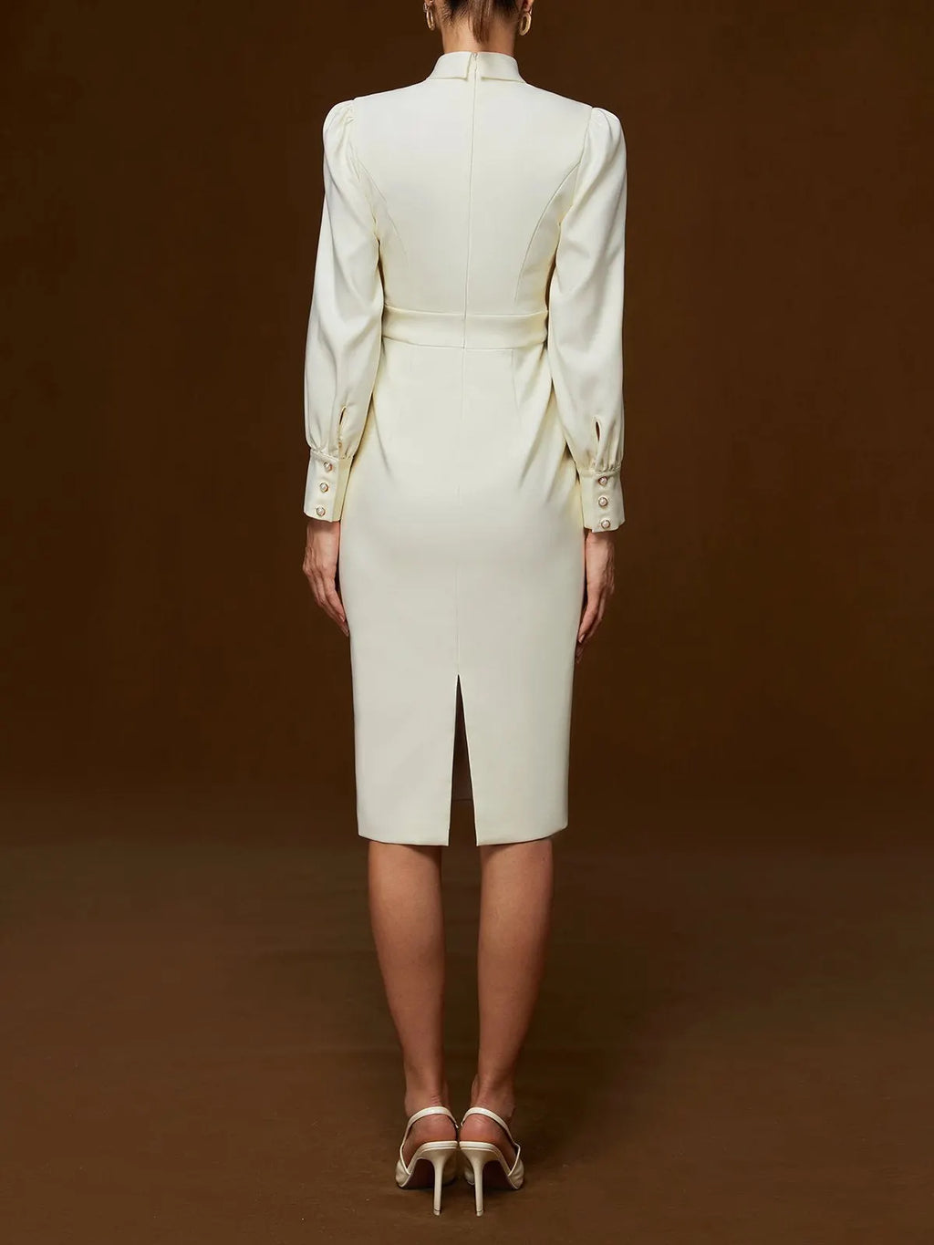 Off White Bow Classic Crew Neck Long Sleeve Sheath Midi Dress
