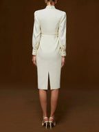 Off White Bow Classic Crew Neck Long Sleeve Sheath Midi Dress
