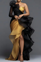 Red Black Two‑Tone Ruffle Formal Maxi Dress