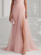 Pink Ruched Slit Tulle Strapless Sleeveless Sheath Gown Dress