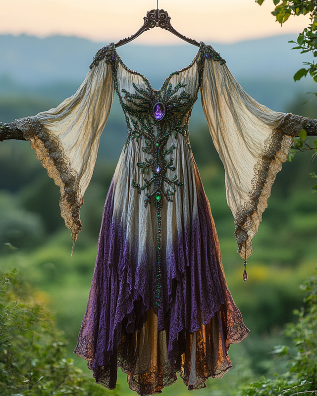 Summer Viking Tribal Celtic Tree of Life Gradient Lace Splicing Ruffle Dress 4528
