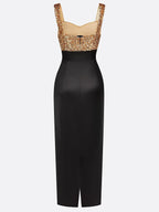 Black Gold Sequin Satin Spaghetti Gallus Sheath Maxi Dress