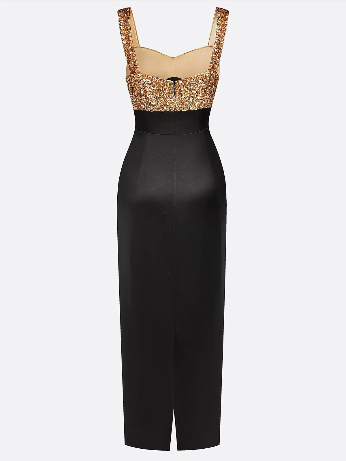 Black Gold Sequin Satin Spaghetti Gallus Sheath Maxi Dress