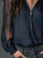 Sheer Chiffon Zip-Front Blouse