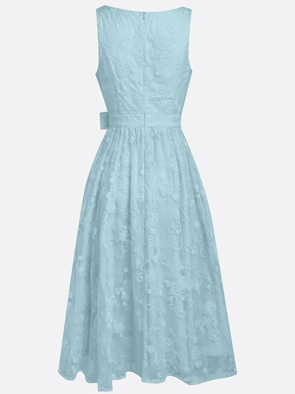 Light Blue Bow Embroidery Classic V Neck Sleeveless A-Line Midi Dress With Pockets