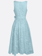 Light Blue Bow Embroidery Classic V Neck Sleeveless A-Line Midi Dress With Pockets