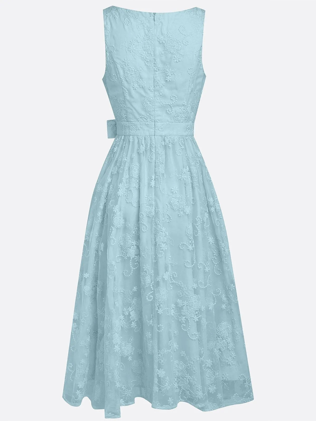 Light Blue Bow Embroidery Classic V Neck Sleeveless A-Line Midi Dress With Pockets