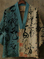 Men's Retro Calligraphy Art Print Linen V-neck Shirt