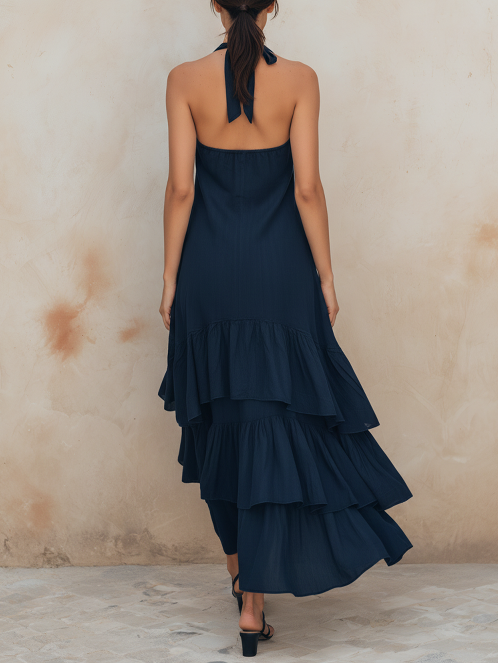 Navy Halter Neck Tiered Ruffle Midi Dress With Lace-Up Front