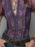 Retro Mesh-Paneled Short-Sleeve Blouse
