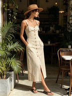 Beige Striped Front-Button Midi Dress (Adjustable Straps)