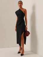 Black Asymmetrical Ruched One-Shoulder Slit A-Line Midi Dress
