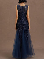 Purplish Blue Sequin Crew Neck Sleeveless Sheath Maxi Mother of the Bride or Groom Dress