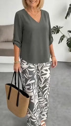 V Neck Top & Tropical Leaf Print Wide Leg Pant Two Piece