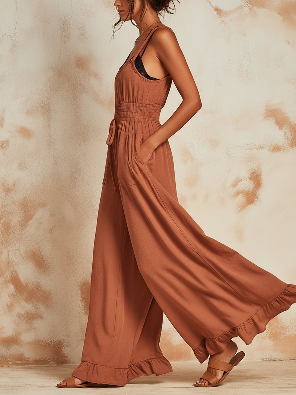 Smocked Waist Ruffle Hem Wide-Leg Jumpsuit