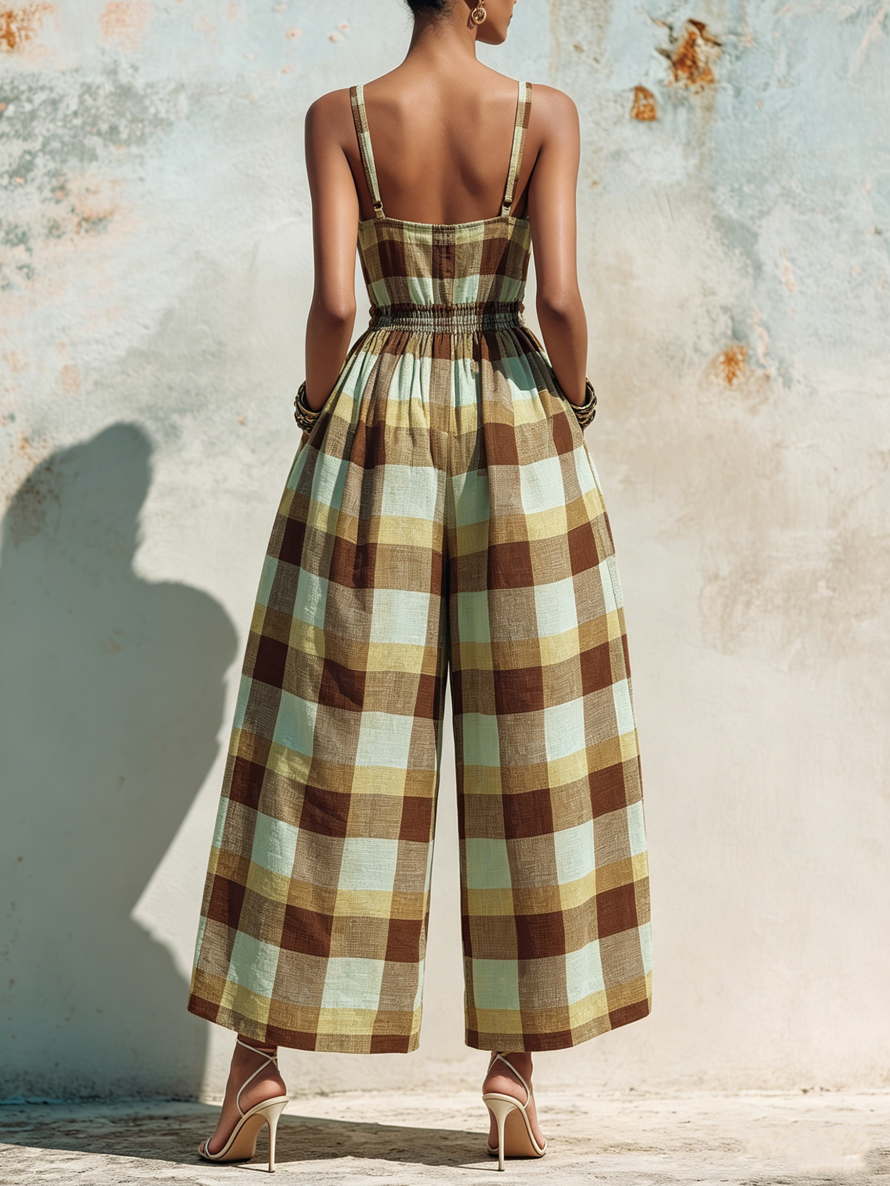 Plaid Cotton Linen Smocked Waist Wide-Leg Jumpsuit