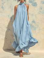 Light Blue Chambray Halter Neck Ruffle Hem Maxi Dress