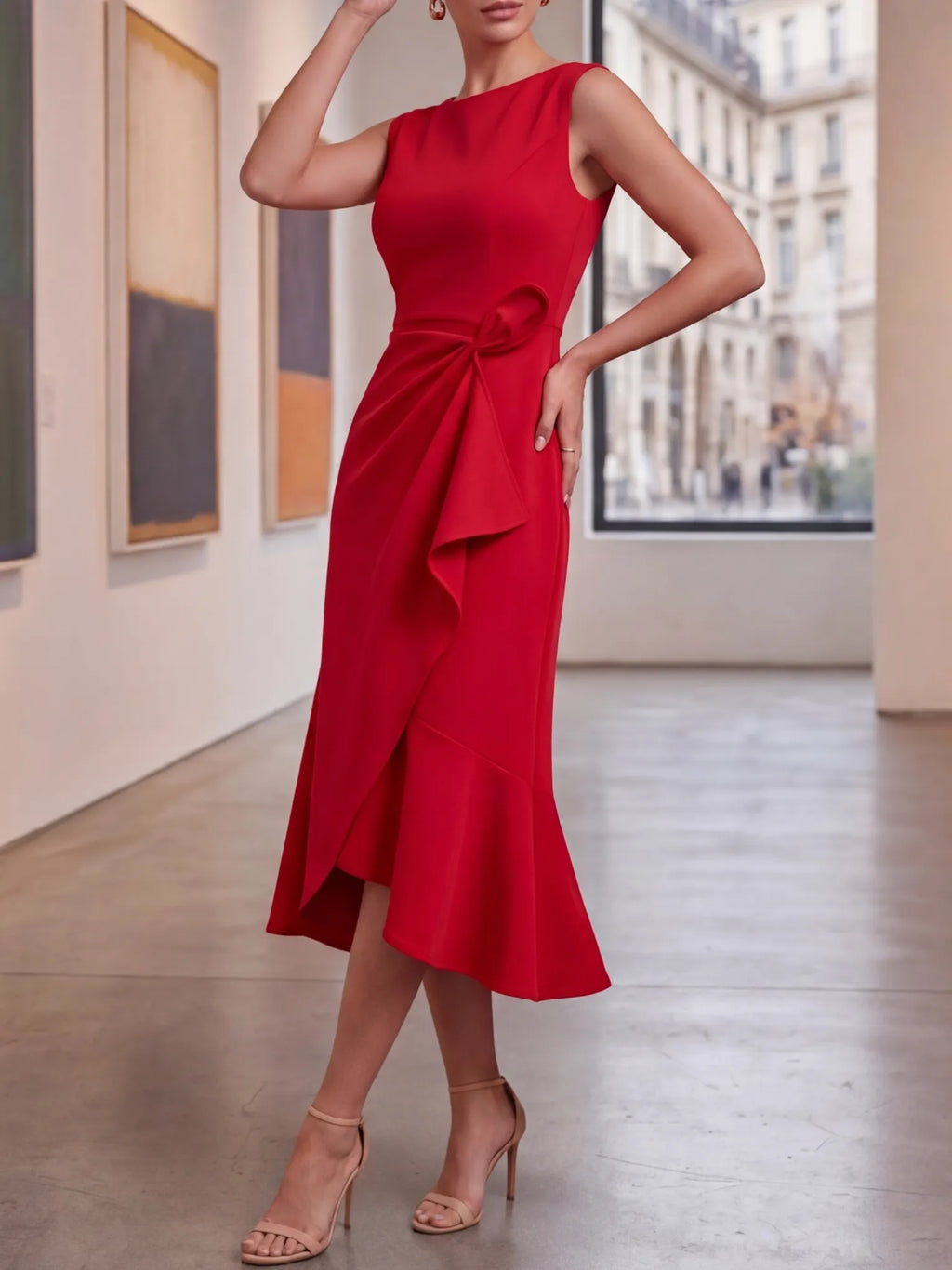 Red Sleeveless Midi Dress Elegant Ruched Waist & Flounce Hem for Weddings and Parties