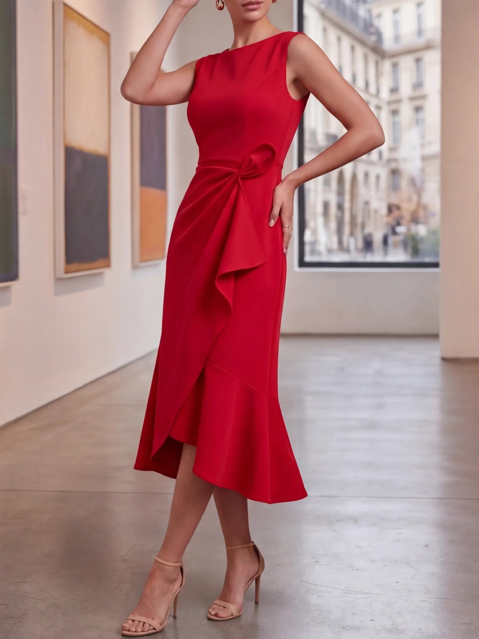 Red Sleeveless Midi Dress Elegant Ruched Waist & Flounce Hem for Weddings and Parties
