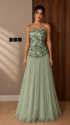 Strapless Gradient Floral Applique Pleated Tulle Evening Dress