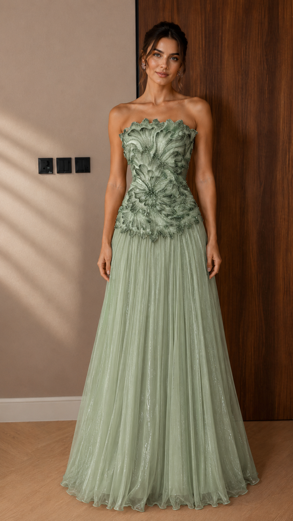 Strapless Gradient Floral Applique Pleated Tulle Evening Dress