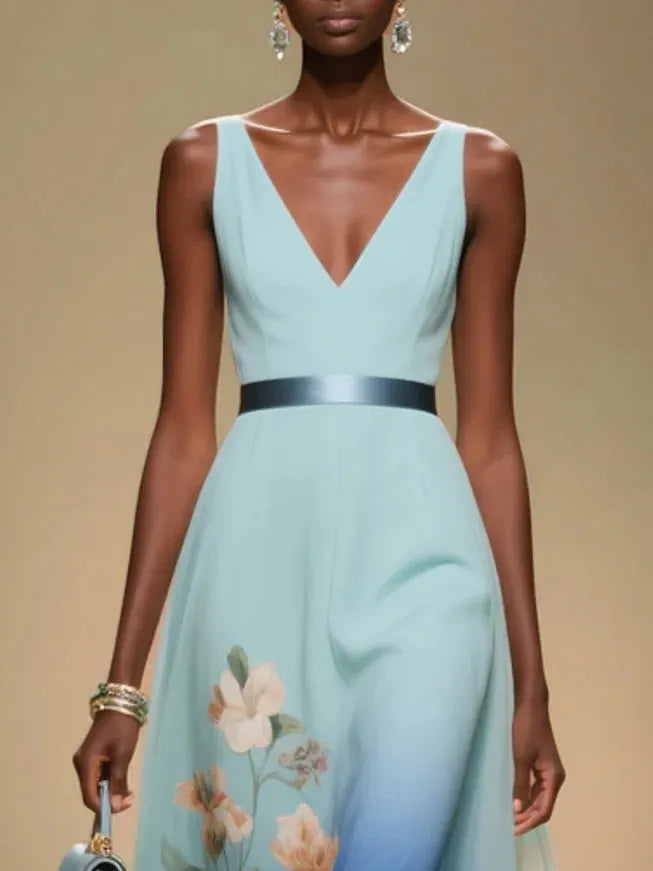 Light Blue Ombre Floral Chiffon V Neck Sleeveless A-Line Midi Dress