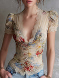 Vintage Oil Painting Floral Lace Trim Ruched Blouse