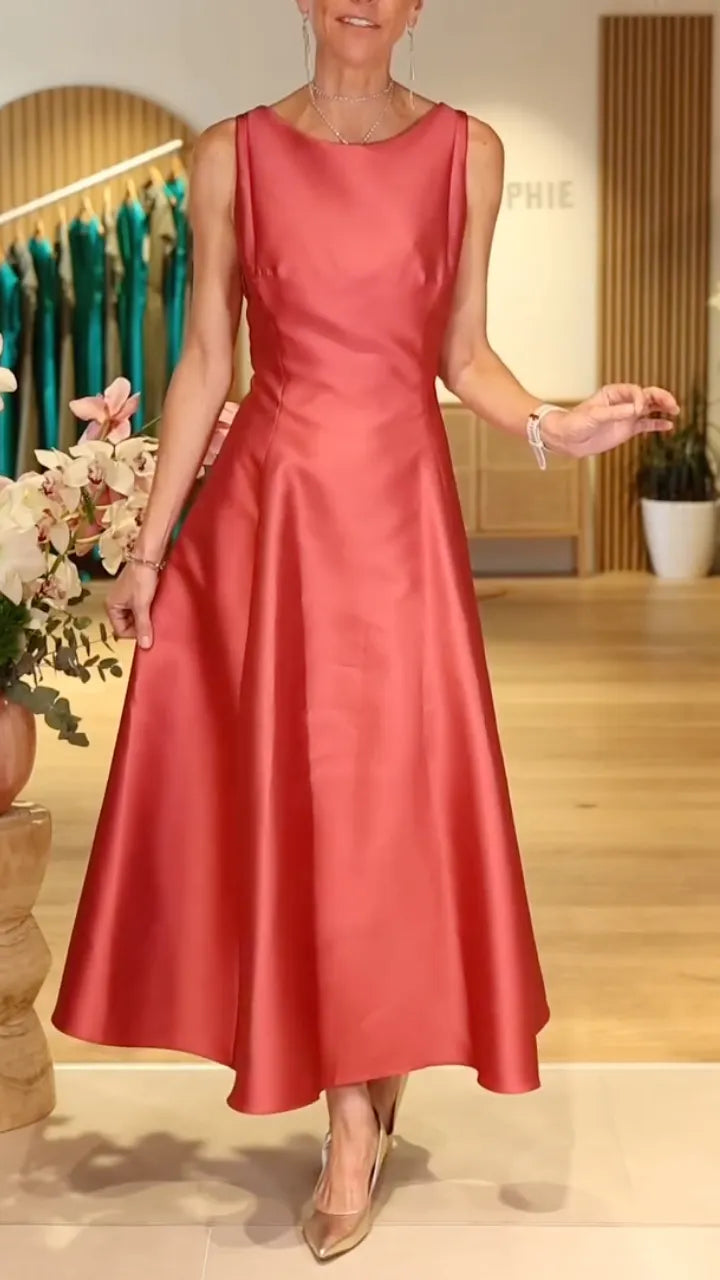 Coral Sleeveless Satin Midi Swing Dress