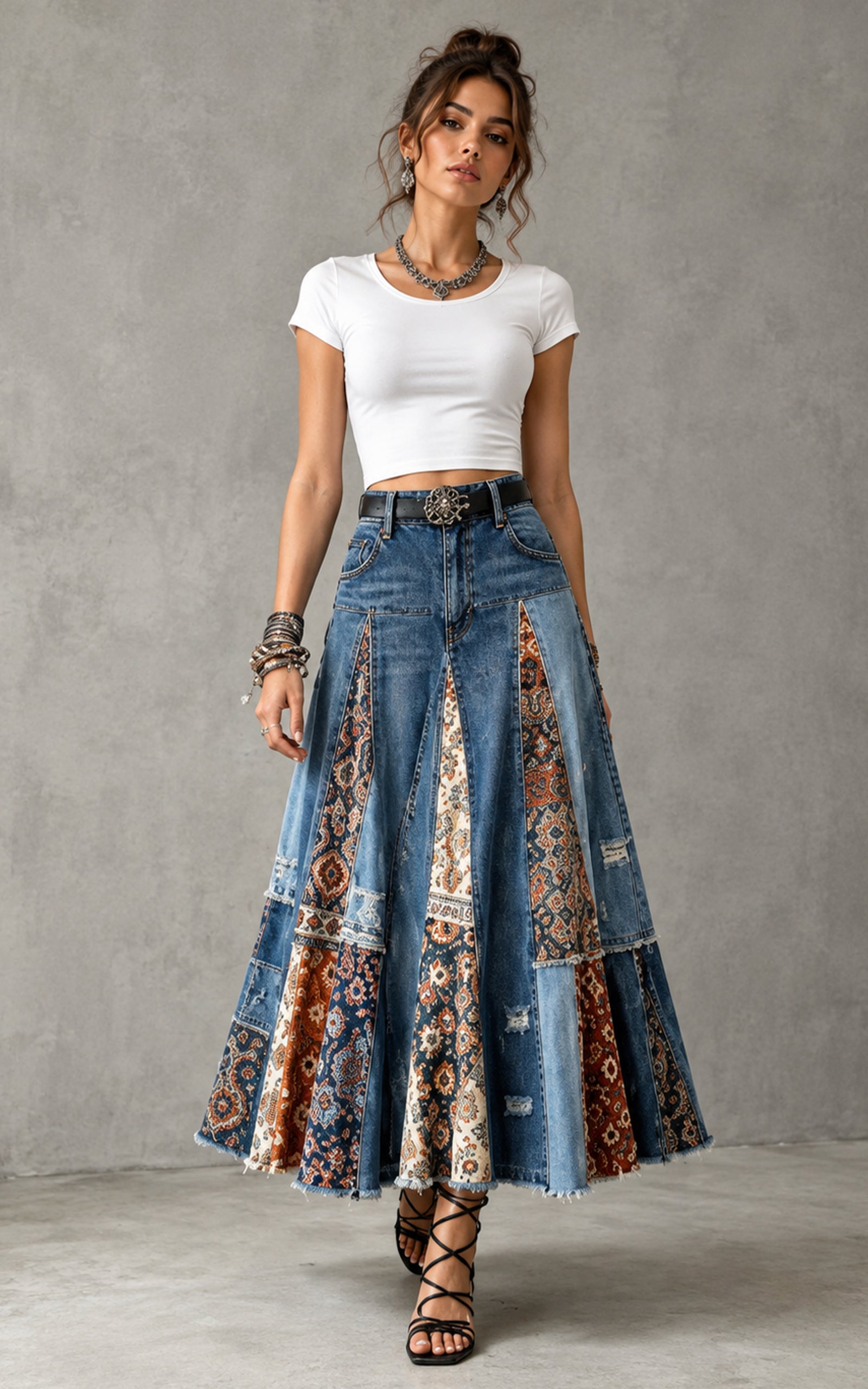 Vintage Ethnic Print Patchwork Denim Long Skirt